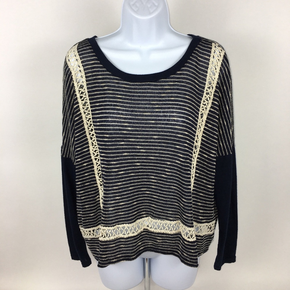 Paper Crane Semi Sheer Top Navy Cream Crochet